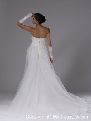 Organza and Lace Strapless Court Train Luxurious Wedding Anniversary Dress