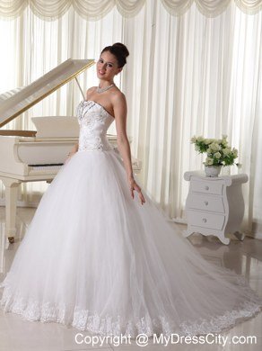 Beaded Appliques Lace Wedding Bridal Gown with Bowknot back and Rhinestones