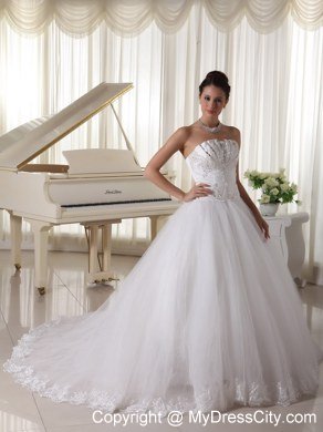 Beaded Appliques Lace Wedding Bridal Gown with Bowknot back and Rhinestones