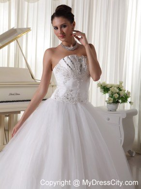 Beaded Appliques Lace Wedding Bridal Gown with Bowknot back and Rhinestones