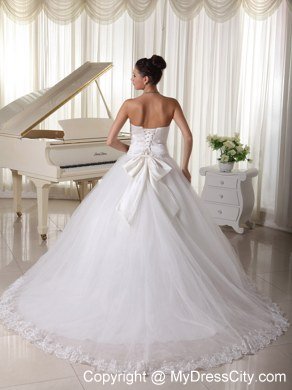 Beaded Appliques Lace Wedding Bridal Gown with Bowknot back and Rhinestones