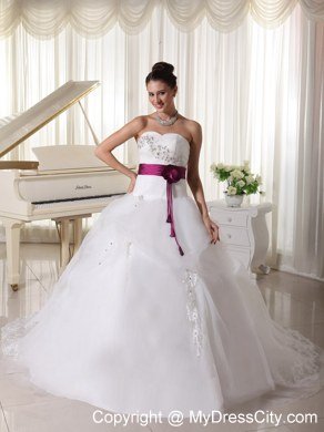 Organza Court Train Beaded Church Wedding Dresses with Fuchsia Flowers Belt