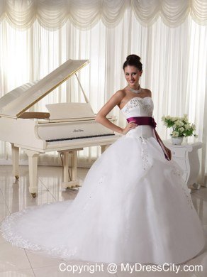 Organza Court Train Beaded Church Wedding Dresses with Fuchsia Flowers Belt