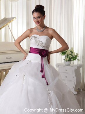 Organza Court Train Beaded Church Wedding Dresses with Fuchsia Flowers Belt