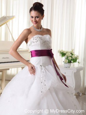 Organza Court Train Beaded Church Wedding Dresses with Fuchsia Flowers Belt