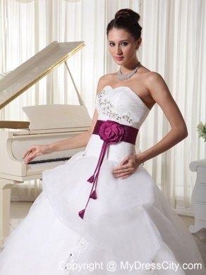 Organza Court Train Beaded Church Wedding Dresses with Fuchsia Flowers Belt