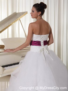 Organza Court Train Beaded Church Wedding Dresses with Fuchsia Flowers Belt