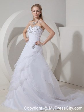 Tiers Ruched Sweetheart Court Train Wedding Dresses with Rhinestones