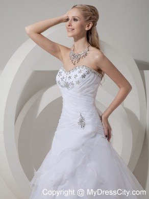 Tiers Ruched Sweetheart Court Train Wedding Dresses with Rhinestones