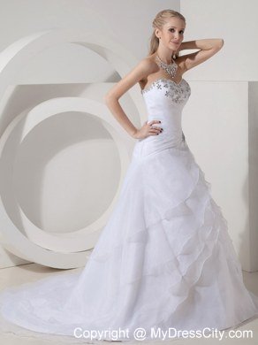 Tiers Ruched Sweetheart Court Train Wedding Dresses with Rhinestones