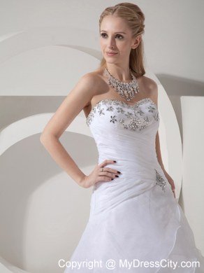 Tiers Ruched Sweetheart Court Train Wedding Dresses with Rhinestones