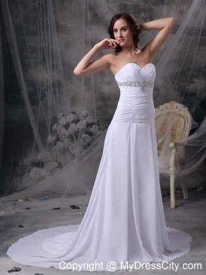 Sweetheart Ruching Beaded Court Train Chiffon Wedding Anniversary Dress