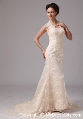 Champagne Lace Transparent Sweetheart Wedding Dress with Peekaboo Keyhole