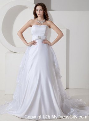 Lace Layers Back Court Train Garden Wedding Dresses with Beaded Bow