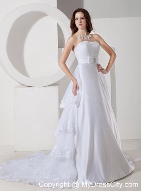 Lace Layers Back Court Train Garden Wedding Dresses with Beaded Bow