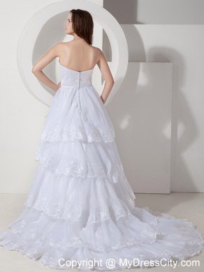 Lace Layers Back Court Train Garden Wedding Dresses with Beaded Bow