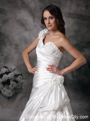 Flowers One Shoulder Ruching Pick Ups Elegant Garden Wedding Dresses