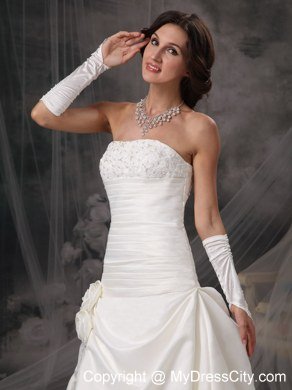 Luxurious Lace Flowers Pick Ups Court Train Wedding Dress with Gloves