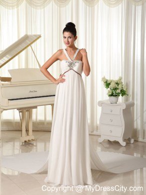 Beaded V-neck Straps Watteau Train Wedding Dresses with Brown Bowknot