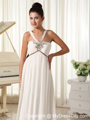 Beaded V-neck Straps Watteau Train Wedding Dresses with Brown Bowknot