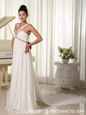 Beaded V-neck Straps Watteau Train Wedding Dresses with Brown Bowknot