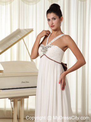 Beaded V-neck Straps Watteau Train Wedding Dresses with Brown Bowknot