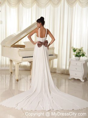 Beaded V-neck Straps Watteau Train Wedding Dresses with Brown Bowknot