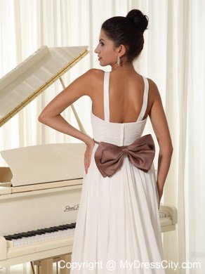 Beaded V-neck Straps Watteau Train Wedding Dresses with Brown Bowknot