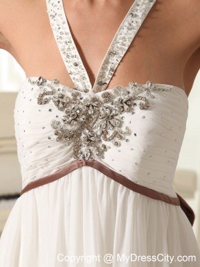 Beaded V-neck Straps Watteau Train Wedding Dresses with Brown Bowknot