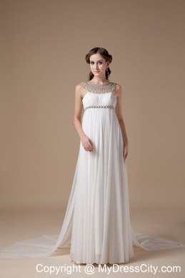 Sheer Bateau Neck Beaded Chiffon Brush Train Maternity Wedding Dress