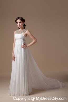 Sheer Bateau Neck Beaded Chiffon Brush Train Maternity Wedding Dress