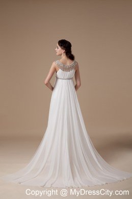 Sheer Bateau Neck Beaded Chiffon Brush Train Maternity Wedding Dress