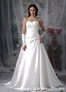 Ruching Beaded Sweetheart Satin Court Train Garden Wedding Dress