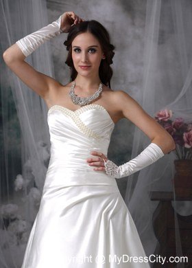 Ruching Beaded Sweetheart Satin Court Train Garden Wedding Dress