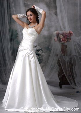 Ruching Beaded Sweetheart Satin Court Train Garden Wedding Dress