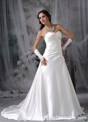 Ruching Beaded Sweetheart Satin Court Train Garden Wedding Dress