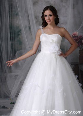 Single Shoulder Watteau Train Flowers Tulle Church Wedding Dresses