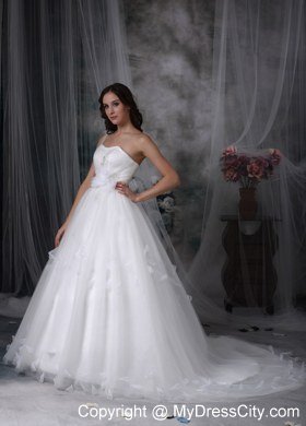 Single Shoulder Watteau Train Flowers Tulle Church Wedding Dresses