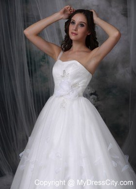 Single Shoulder Watteau Train Flowers Tulle Church Wedding Dresses