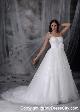 Single Shoulder Watteau Train Flowers Tulle Church Wedding Dresses