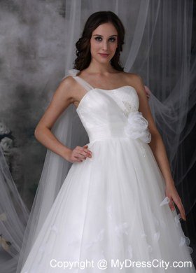 Single Shoulder Watteau Train Flowers Tulle Church Wedding Dresses