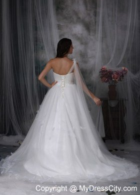 Single Shoulder Watteau Train Flowers Tulle Church Wedding Dresses