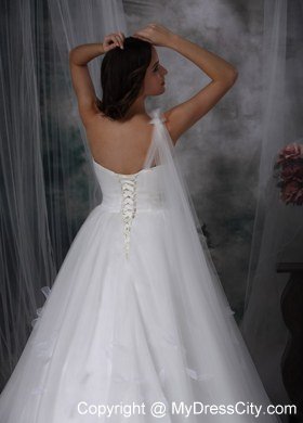 Single Shoulder Watteau Train Flowers Tulle Church Wedding Dresses