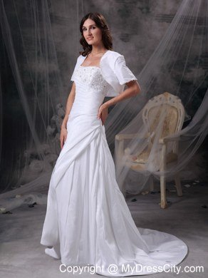 Appliques with Beading Ruching Brush Train Wedding Dress with Jacket