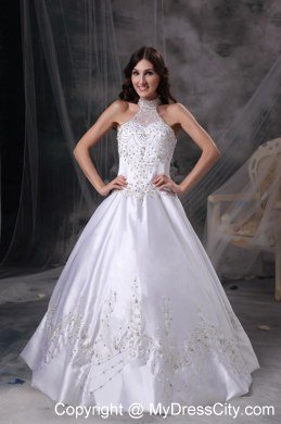 Embroidery with Beading for Chapel Train Wedding Dress with Sheer Halter