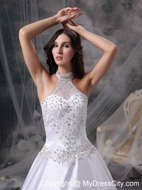 Embroidery with Beading for Chapel Train Wedding Dress with Sheer Halter