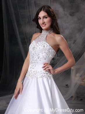 Embroidery with Beading for Chapel Train Wedding Dress with Sheer Halter