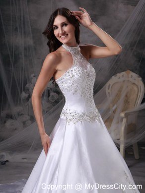 Embroidery with Beading for Chapel Train Wedding Dress with Sheer Halter