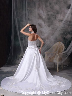 Embroidery with Beading for Chapel Train Wedding Dress with Sheer Halter