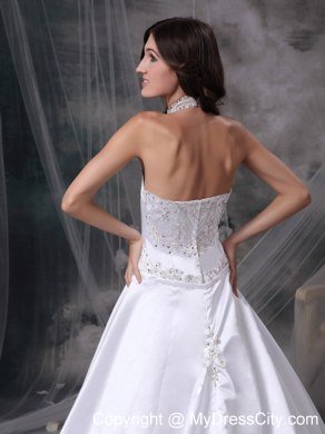 Embroidery with Beading for Chapel Train Wedding Dress with Sheer Halter